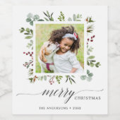 Greenery Red Berries Holiday Foto Wijn Etiket (Enkel label)