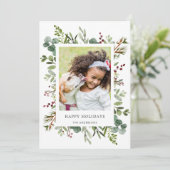 Greenery Red Berries Holiday Fotokaart Feestdagenkaart (Staand voorkant)