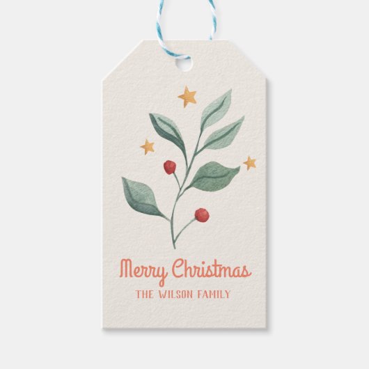 Greenery Red Berries Holiday Gift Labels Cadeaulabel (Voorkant)