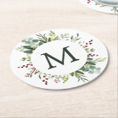 Greenery Red Berries Holiday Monogram Ronde Kartonnen Onderzetter (Gebogen)