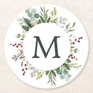 Greenery Red Berries Holiday Monogram Ronde Kartonnen Onderzetter