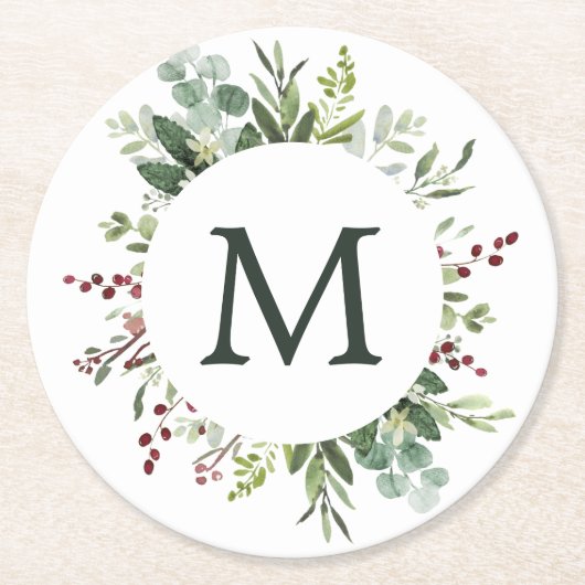 Greenery Red Berries Holiday Monogram Ronde Kartonnen Onderzetter (Voorkant)