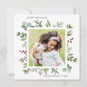 Greenery Red Berries Holiday Photo Square Kaart (Voorkant)