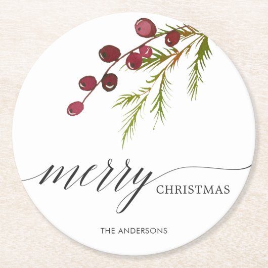Greenery Red Berries Holiday Ronde Kartonnen Onderzetter (Voorkant)
