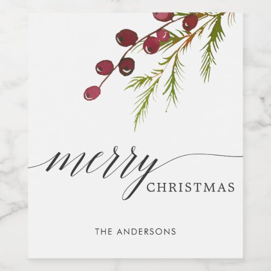 Greenery Red Berries Holiday Wijn Etiket (Enkel label)