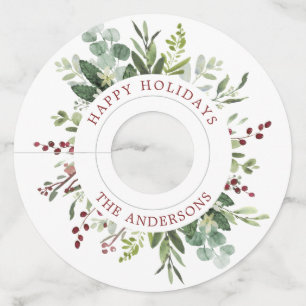 Greenery Red Berries Holiday Wijnglaslabel