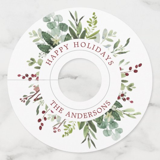 Greenery Red Berries Holiday Wijnglaslabel (Voorkant)