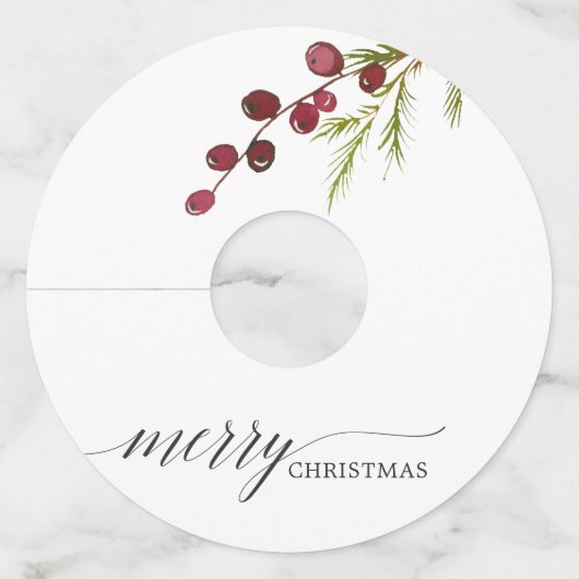 Greenery Red Berries Holiday Wijnglaslabel (Voorkant)