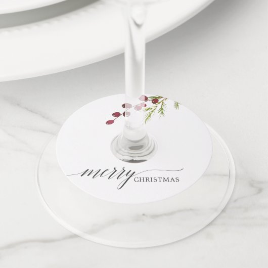 Greenery Red Berries Holiday Wijnglaslabel (Dichtbij)