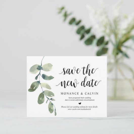 Greenery, red de nieuwe datum, bruiloft uitgesteld briefkaart (Staand voorkant)