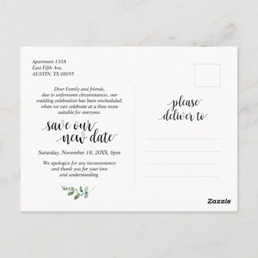 Greenery, red de nieuwe datum, bruiloft uitgesteld briefkaart (Achterkant)