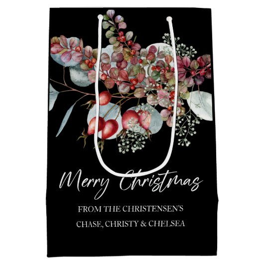 Greenery Red Green Black Merry kerst Medium Cadeauzakje (Achterkant)