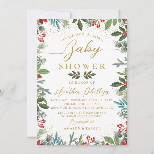 Greenery Red Holly Berries kerstBaby shower Kaart (Voorkant)