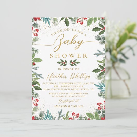Greenery Red Holly Berries kerstBaby shower Kaart (Staand voorkant)