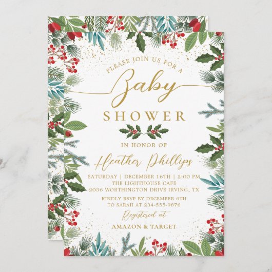 Greenery Red Holly Berries kerstBaby shower Kaart (Voorkant / Achterkant)