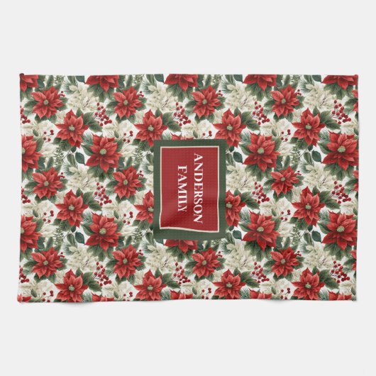 Greenery & Red Poinsettia Towel Elegant Holiday Theedoek (Horizontaal)