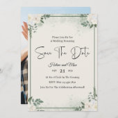 Greenery Romantic Photo Save The Date Invitation Kaart (Voorkant / Achterkant)