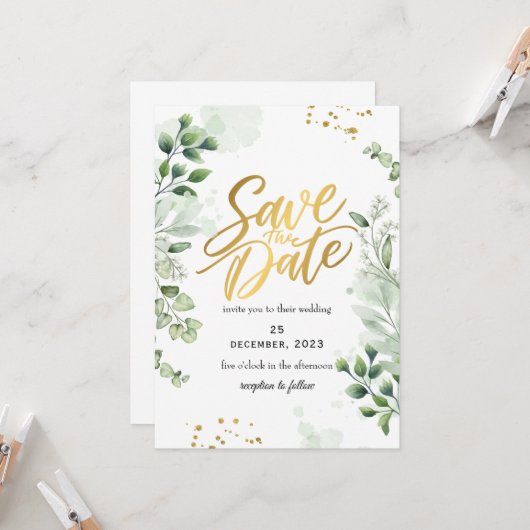 Greenery Romantic Save The Date Invitation Kaart (Voorkant / Achterkant in situ)