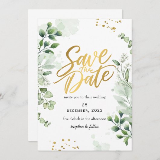 Greenery Romantic Save The Date Invitation Kaart (Voorkant / Achterkant)