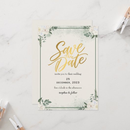 Greenery Romantic Save the Date Uitnodiging (Voorkant / Achterkant in situ)