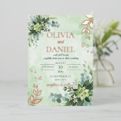 Greenery roos goudfolie bladeren bruiloft folie uitnodiging (Staand Voorkant)