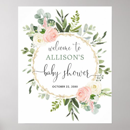 Greenery roze girl baby shower welkom bord poster (Voorkant)