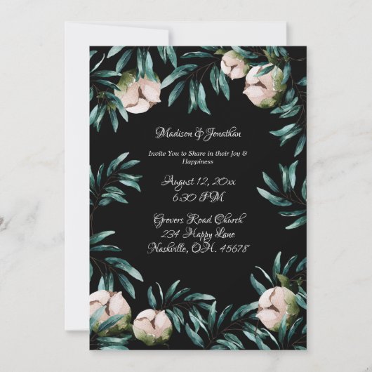 Greenery Rozen Black Background Elegant Wedding Kaart (Voorkant)
