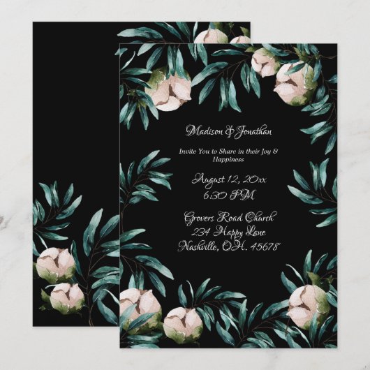 Greenery Rozen Black Background Elegant Wedding Kaart (Voorkant / Achterkant)
