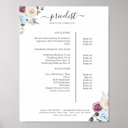 Greenery Rozen Salon Price List Poster (Voorkant)