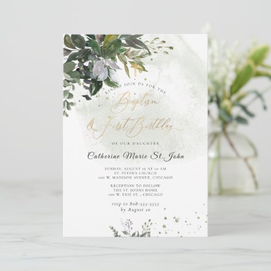 Greenery Rustic Eucalyptus 1st Birthday Baptisme Kaart (Staand voorkant)