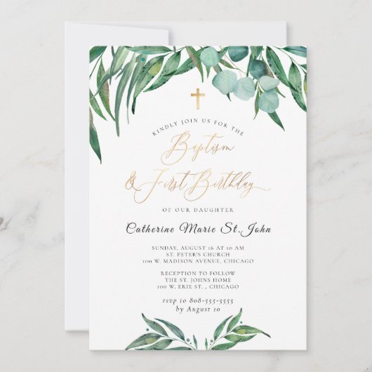 Greenery Rustic Eucalyptus 1st Birthday Baptisme Kaart (Voorkant)