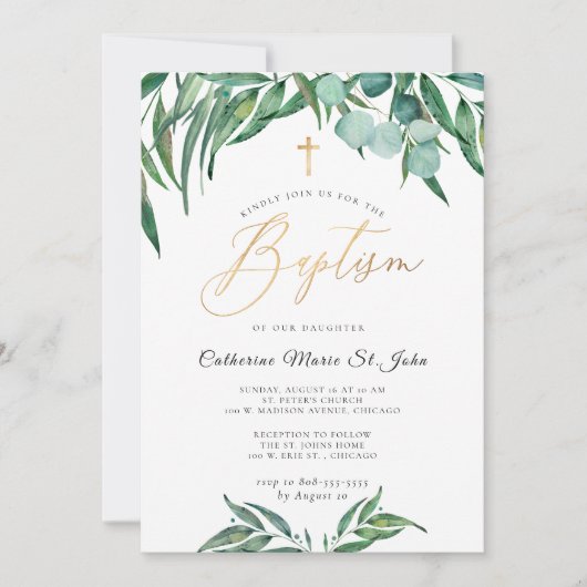 Greenery Rustic Eucalyptus Faux Gold Baptisme Kaart (Voorkant)