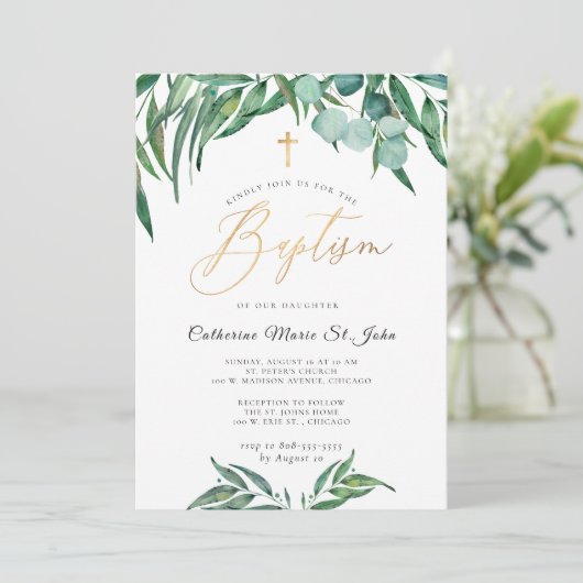 Greenery Rustic Eucalyptus Faux Gold Baptisme Kaart (Staand voorkant)