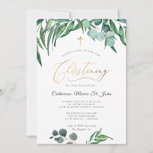 Greenery Rustic Eucalyptus Faux Gold Christening Kaart (Voorkant)