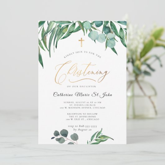 Greenery Rustic Eucalyptus Faux Gold Christening Kaart (Staand voorkant)