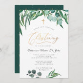 Greenery Rustic Eucalyptus Faux Gold Christening Kaart (Voorkant / Achterkant)