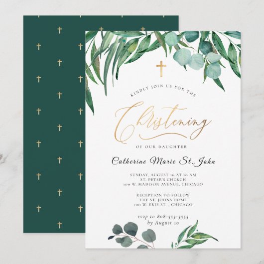 Greenery Rustic Eucalyptus Faux Gold Christening Kaart (Voorkant / Achterkant)
