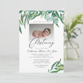Greenery Rustic Eucalyptus Foto Christening Kaart (Staand voorkant)