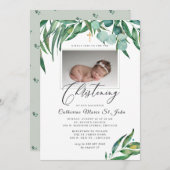 Greenery Rustic Eucalyptus Foto Christening Kaart (Voorkant / Achterkant)
