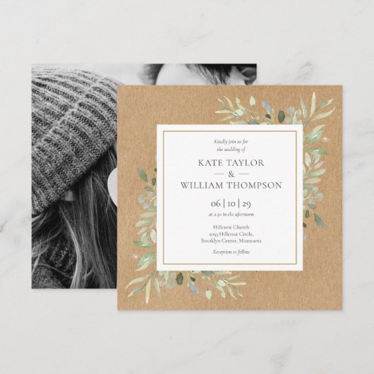 Greenery Rustic Kraft Photo Wedding Kaart (Voorkant / Achterkant)