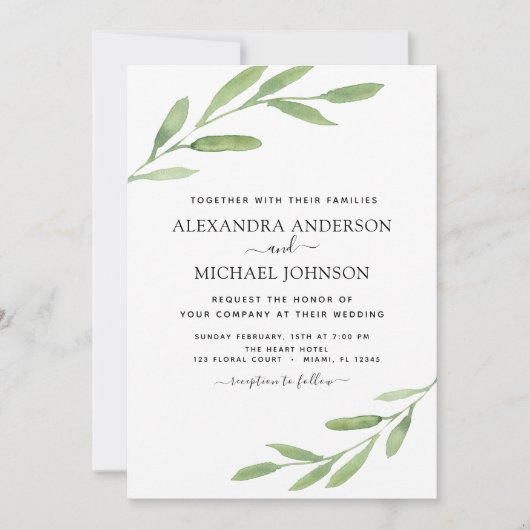 Greenery Rustic Simple Elegant Waterverf Wedding Kaart (Voorkant)