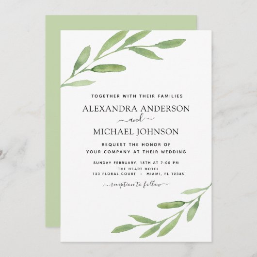 Greenery Rustic Simple Elegant Waterverf Wedding Kaart (Voorkant / Achterkant)