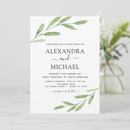 Greenery Rustic Simple Elegant Waterverf Wedding Kaart (Staand voorkant)