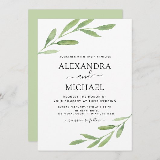 Greenery Rustic Simple Elegant Waterverf Wedding Kaart (Voorkant / Achterkant)