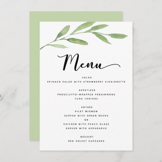 Greenery Rustic Simple Elegant Waterverf Wedding Menu (Voorkant / Achterkant)