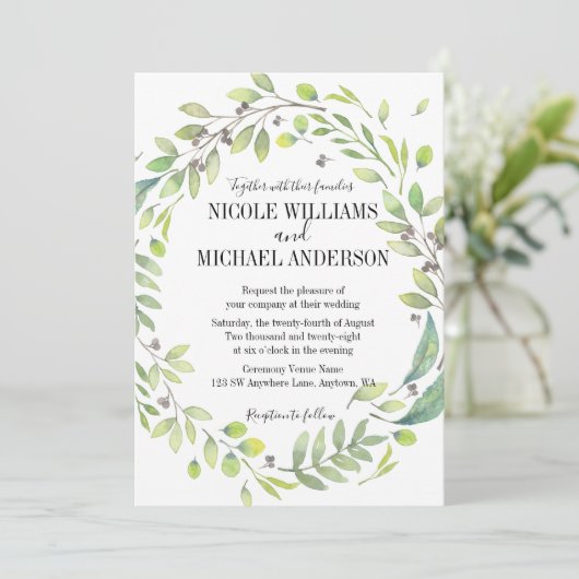 Greenery Rustic waterverf WREATH Foliage WEDDING Kaart (Staand voorkant)