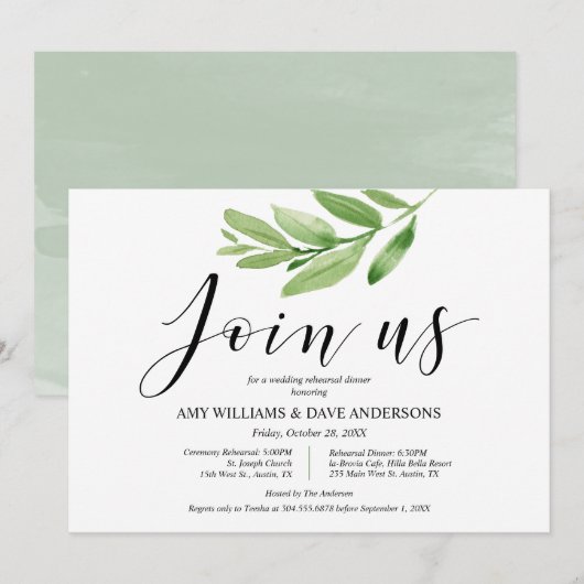 Greenery Rustic Wedding Rehearsal and Dinner Kaart (Voorkant / Achterkant)