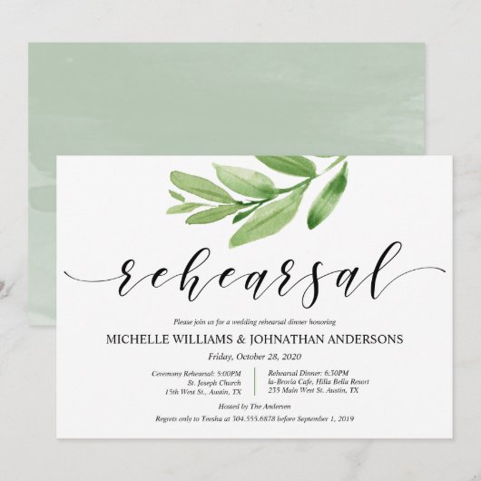 Greenery Rustic Wedding Rehearsal and Dinner Kaart (Voorkant / Achterkant)