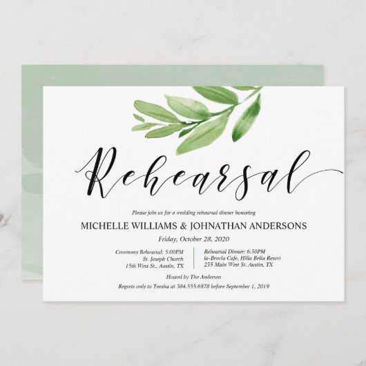 Greenery Rustic Wedding Rehearsal and Dinner Kaart (Voorkant / Achterkant)