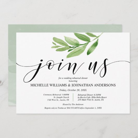 Greenery Rustic Wedding Rehearsal and Dinner Kaart (Voorkant / Achterkant)